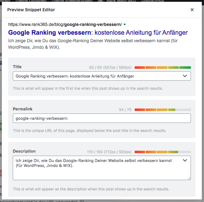 WordPress SEO Plugin RankMath Titel und Meta-Beschreibung festlegen