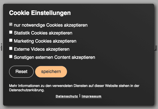 Fenster für die individuellen Cookie-Einstellungen beim DSGVO Pixelmate Plugin
