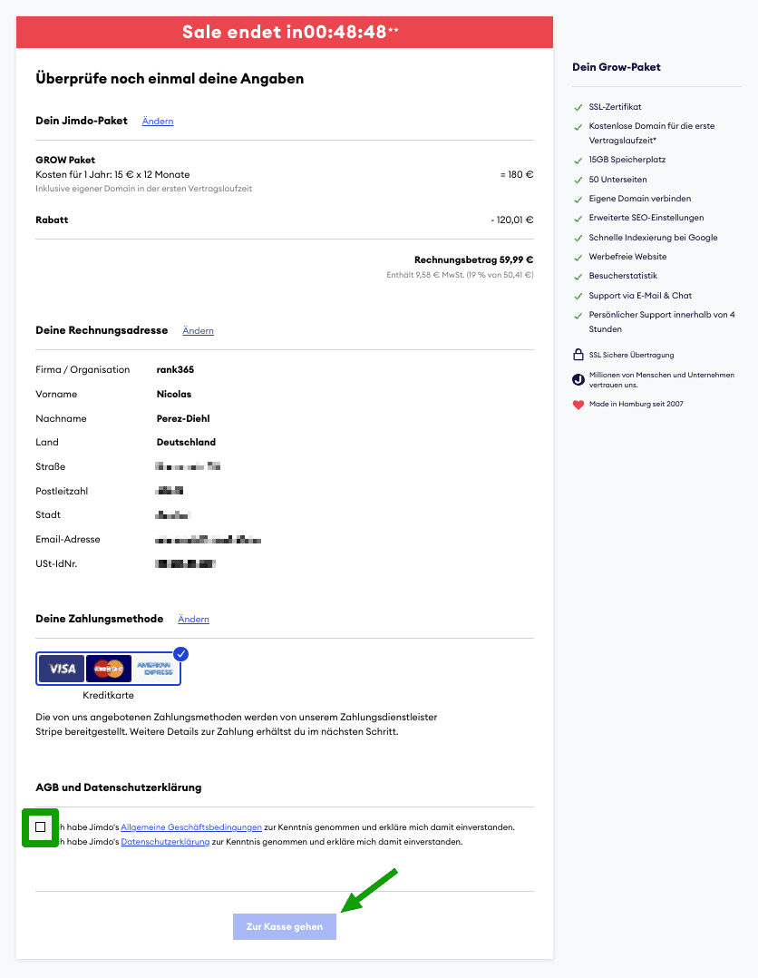 Jimdo Bestellprozess Schritt 4 - Angaben prüfen, AGB und Datenschutz akzeptieren