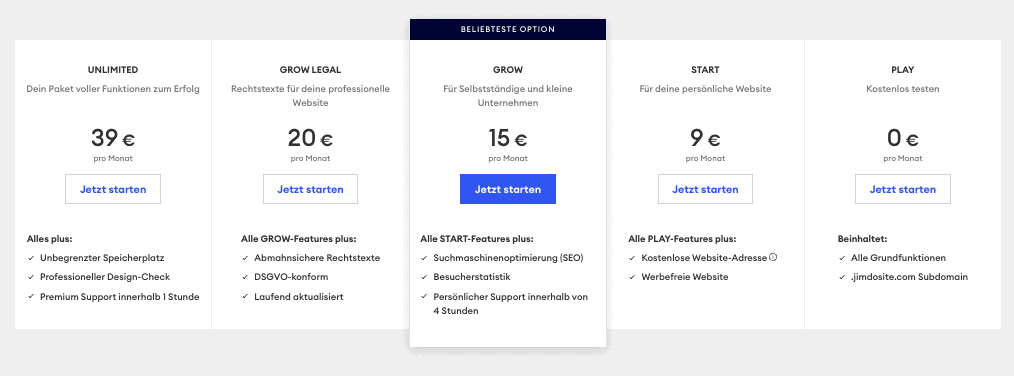 Jimdo Tarife / Pakete Übersicht