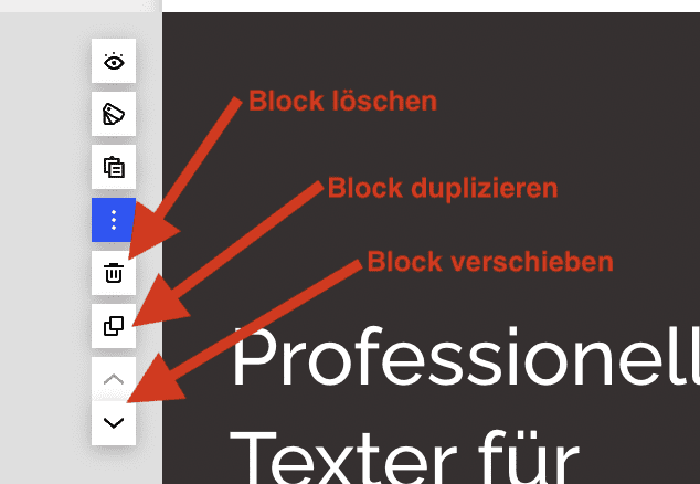 jimdo website block bearbeiten - löschen, duplizieren, verschieben