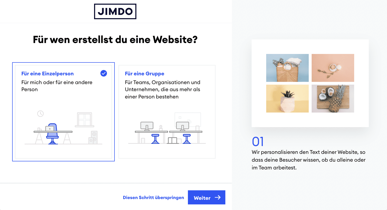 Jimdo Website Einrichtung / Setup - Schritt 1: Für wen erstellst du eine Website?