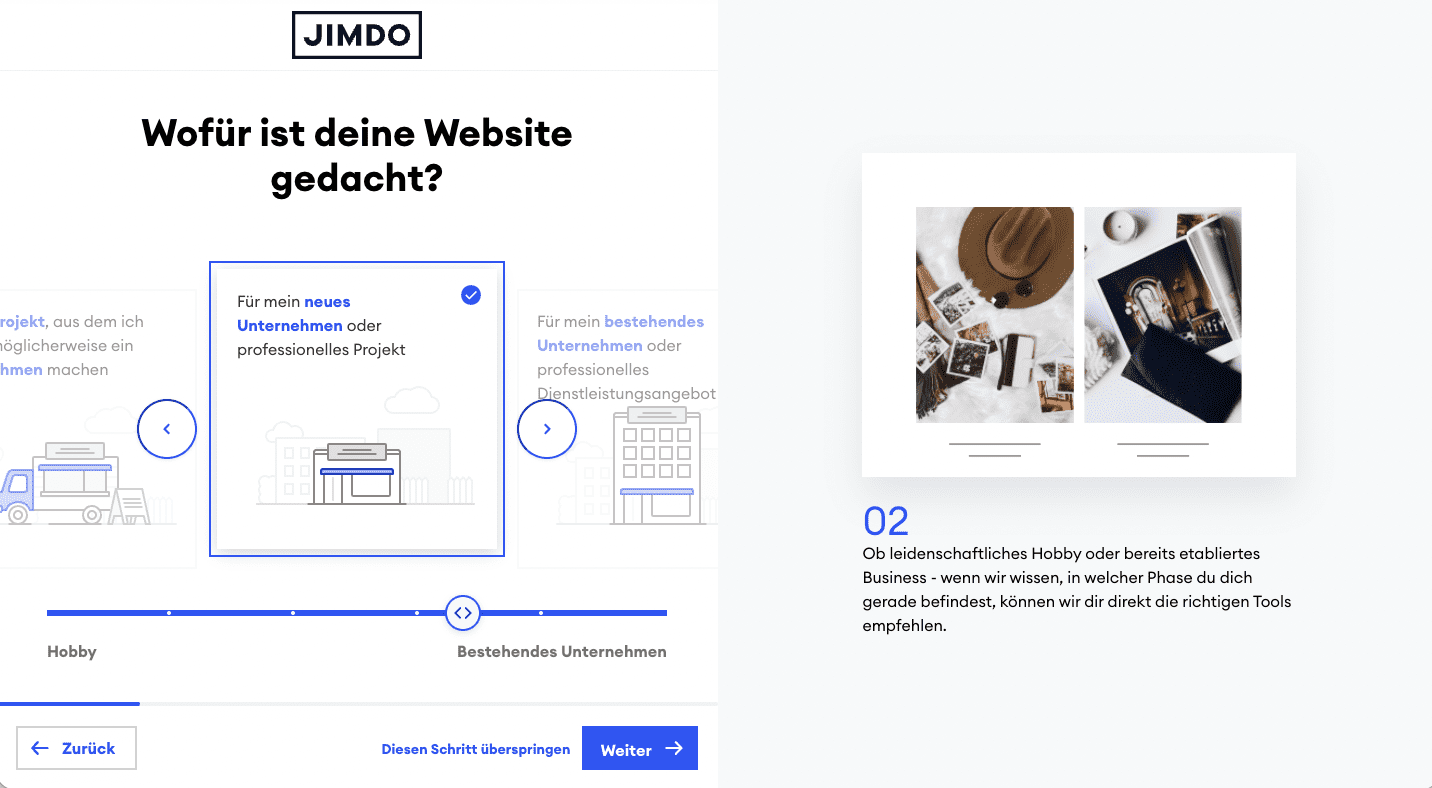 Jimdo Website Einrichtung / Setup - Schritt 2: Wofür ist deine Website gedacht?