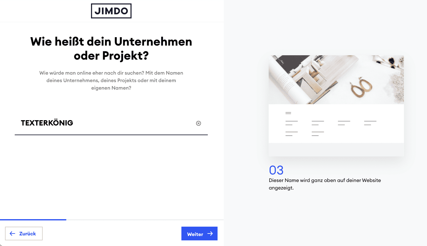 Jimdo Website Einrichtung / Setup - Schritt 3: Wie heißt dein Unternehmen oder Projekt?