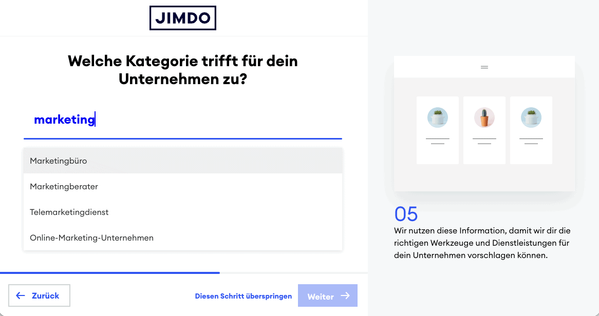 Jimdo Website Einrichtung / Setup - Schritt 5: Welche Kategorie trifft für dein Unternehmen zu?