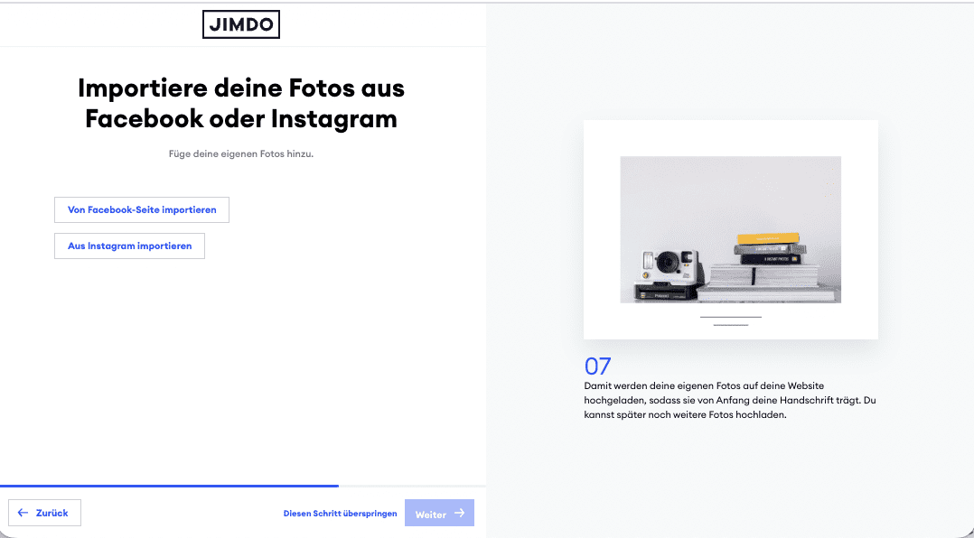 Jimdo Website Einrichtung / Setup - Schritt 7: Importiere deine Fotos aus Facebook oder Instagram