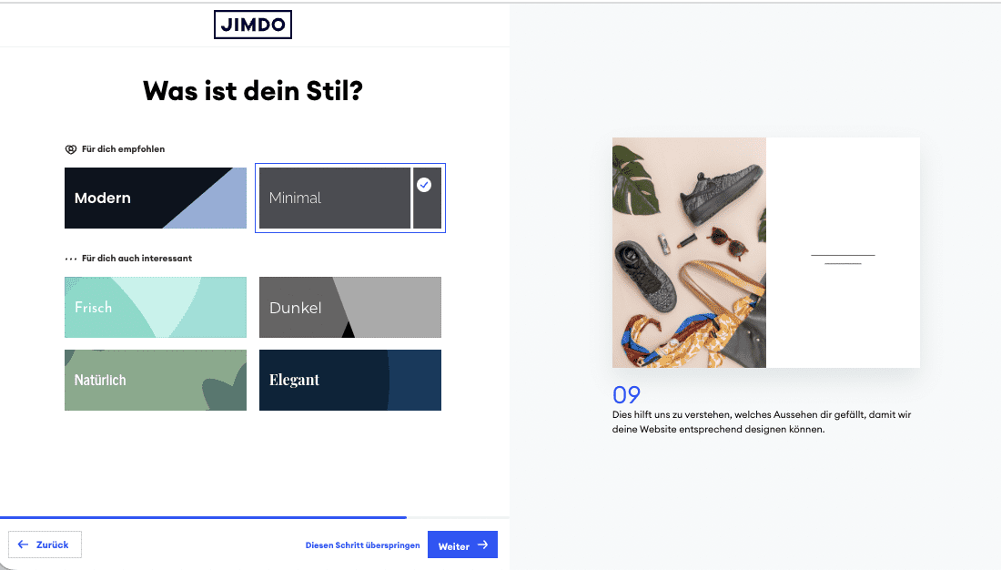 Jimdo Website Einrichtung / Setup - Schritt 9: Was ist dein Stil?