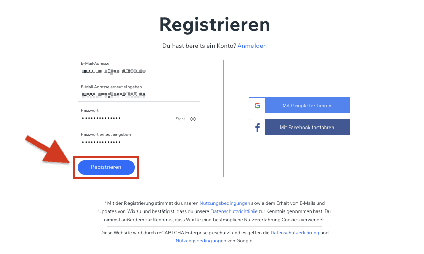Wix Anmeldung / Registrierung (Schritt 2)