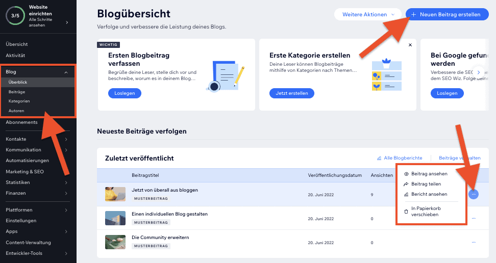 Wix Blogbeiträge verwalten