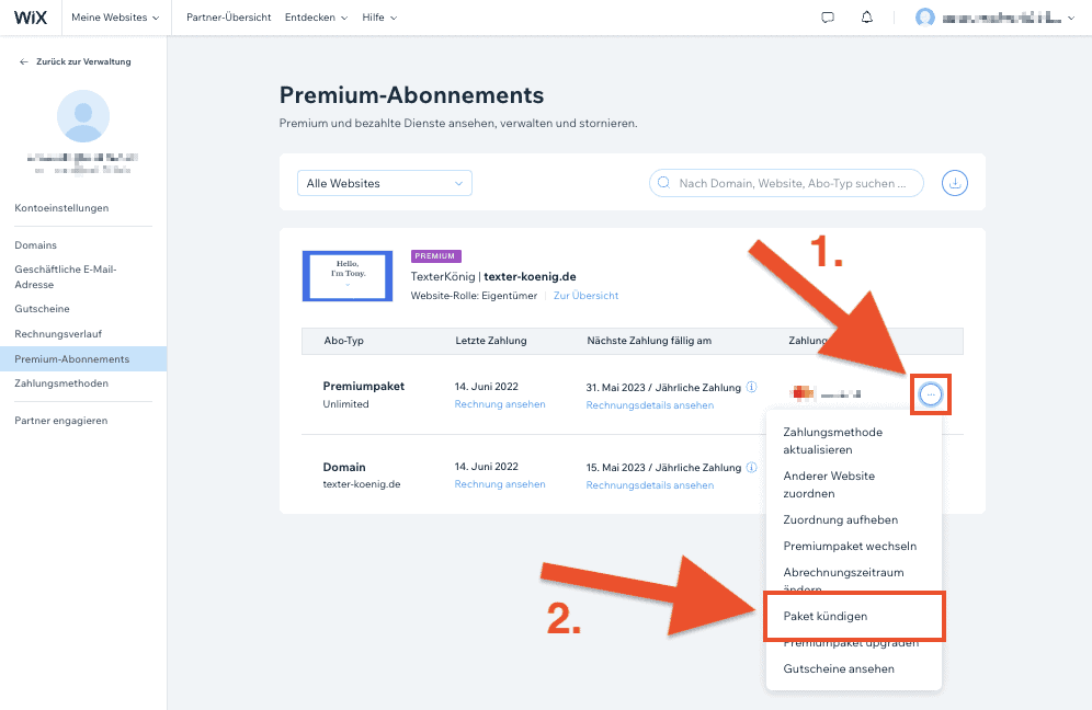 Wix kündigen Premium Paket Tarif Abonnement (2)