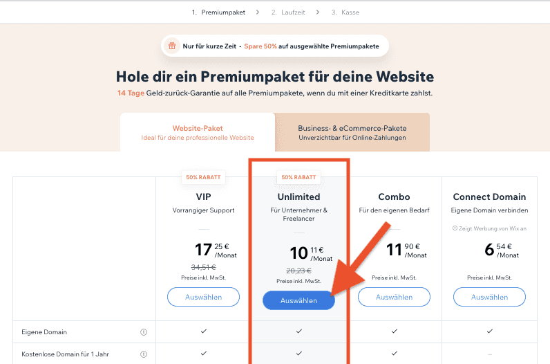 Wix Premium Paket Tarif buchen bestellen Anleitung (3)