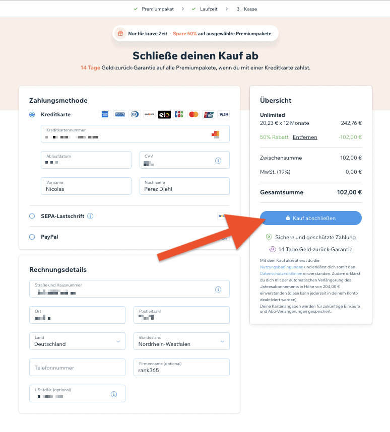 Wix Premium Paket Tarif buchen bestellen Anleitung (5)