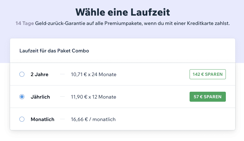 wix premium pakete laufzeit monatlich jährlich zweijährlich zahlung