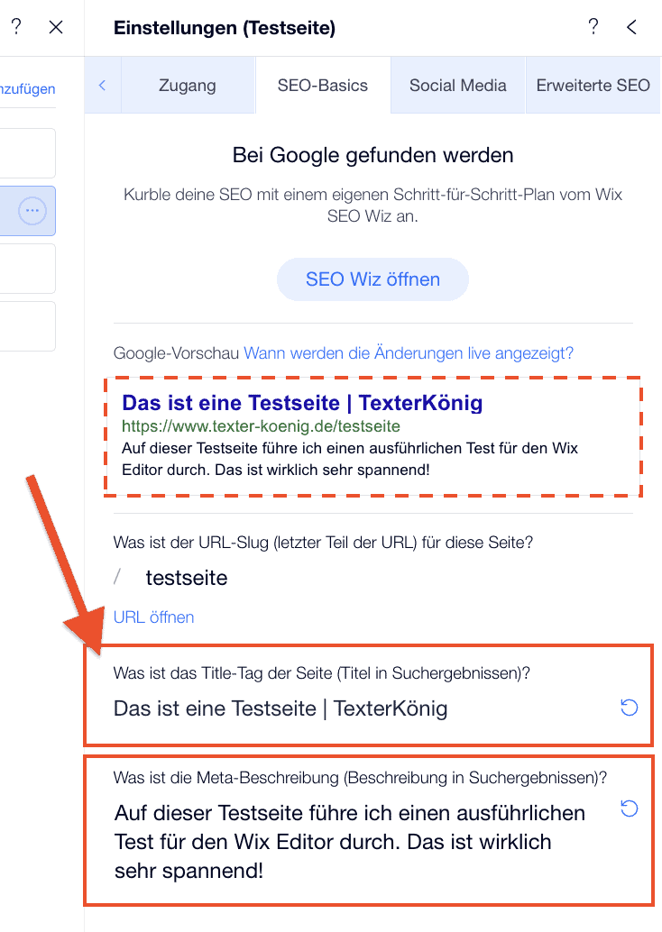 Wix SEO: Seitentitel und Meta-Beschreibung anpassen (2)