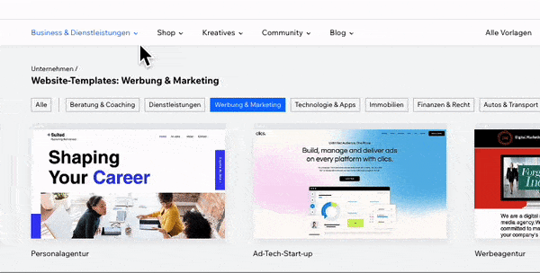 Wix Templates Design Vorlagen große Auswahl in 5 Kategorien
