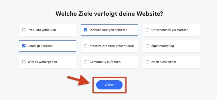 Wix Website erstellen Einrichtung / Setup: Ziele der Website (Schritt 3)