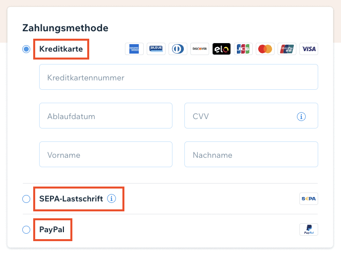 Wix Zahlungsmethoden: Kreditkarte / Debitkarte, SEPA-Lastschrift, PayPal